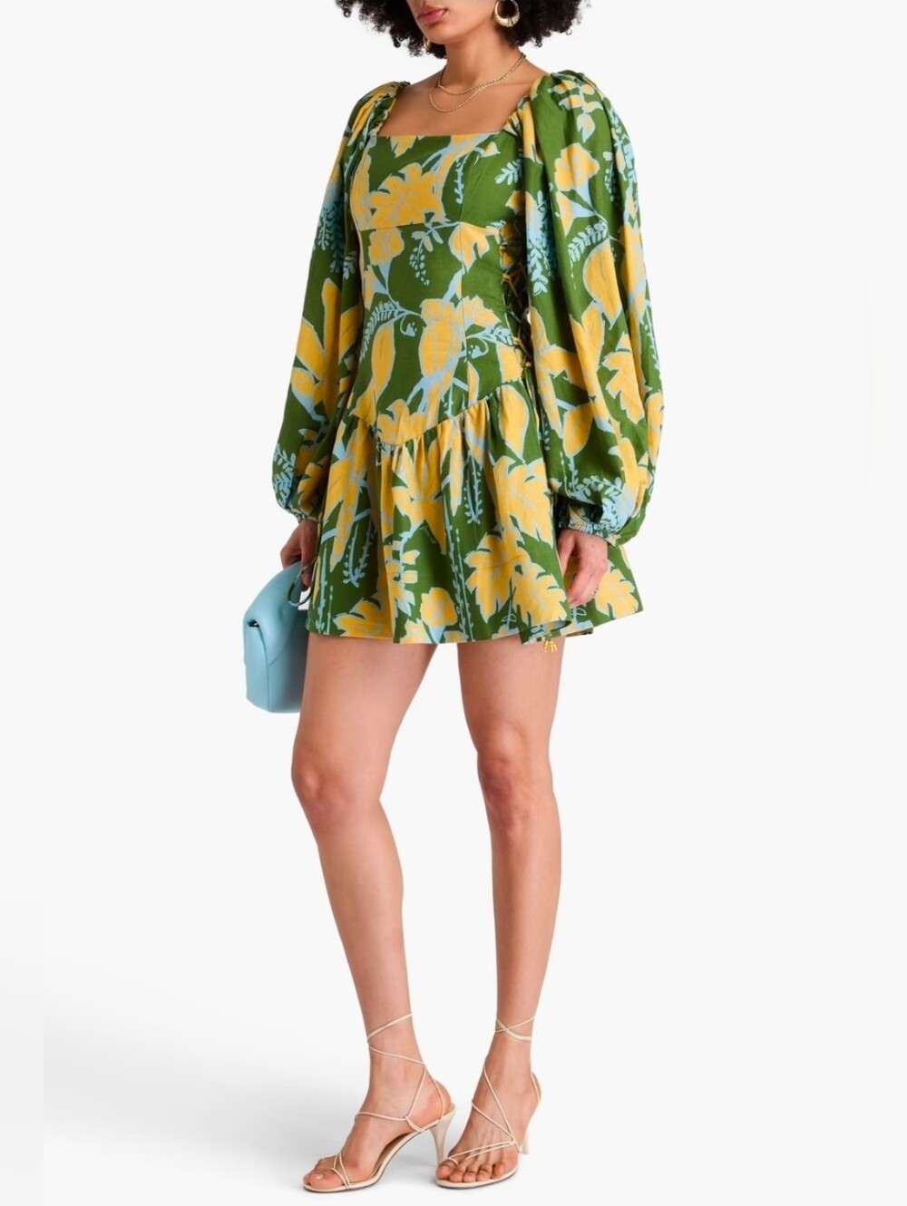 FARM RIO FOLIAGE SKETCH GREEN LONG SLEEVE MINI DRESS MEDIUM